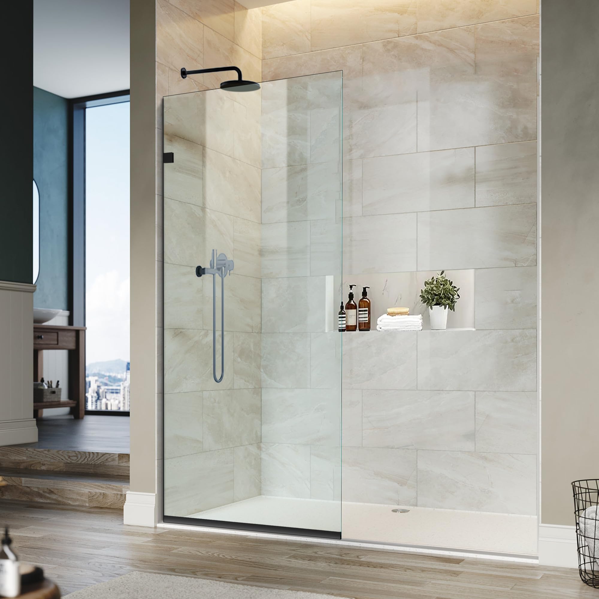 Bathroom Shower Glass Door Panel, 34" W×74" H Fixed Frameless Shower Glass Door, 5/16"(8mm) Thick Clear Tempered , Matte Black Finsh
