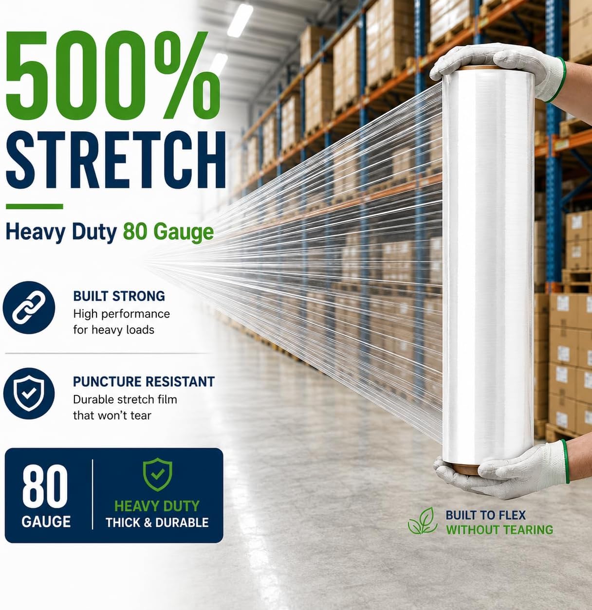 Stretch Wrap Film 18 Inch 1500 FT, 4 Pack, 80 Gauge Shrink Wrap