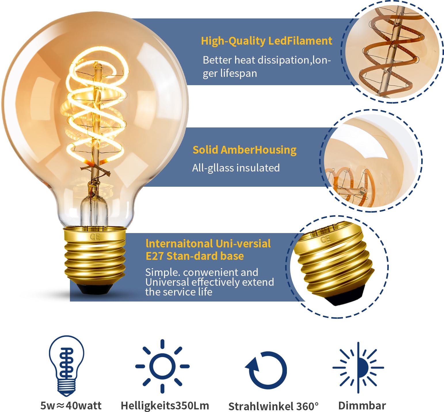 NUODIFAN Edison Vintage Glühbirne E27, Dimmbar Led Retro 5W LED Lampe Warmweiß 2700K Led Leuchtmittel Glühbirne E27 Ideal für Nostalgie und Retro Beleuchtung im Haus Café Bar 3 Stück (Packung mit 2)