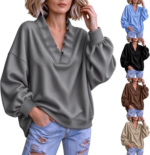 Ruffle V Neck Sweatshirt Women Oversized Long Sleeve Waffle Pullover Tops | Womens Sweatshirts No Hood Plus Size, Loose Fit, Lightweight, Casual, Balloon Sleeves, Holiday, Travel, Fall Winter Outfits