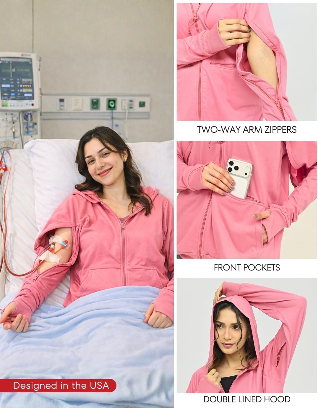 Inspired Comforts Unisex Dialysis & IV Access Hoodie – Dual Arm Zippers, Thumbhole Sleeves & Pockets - Image 2