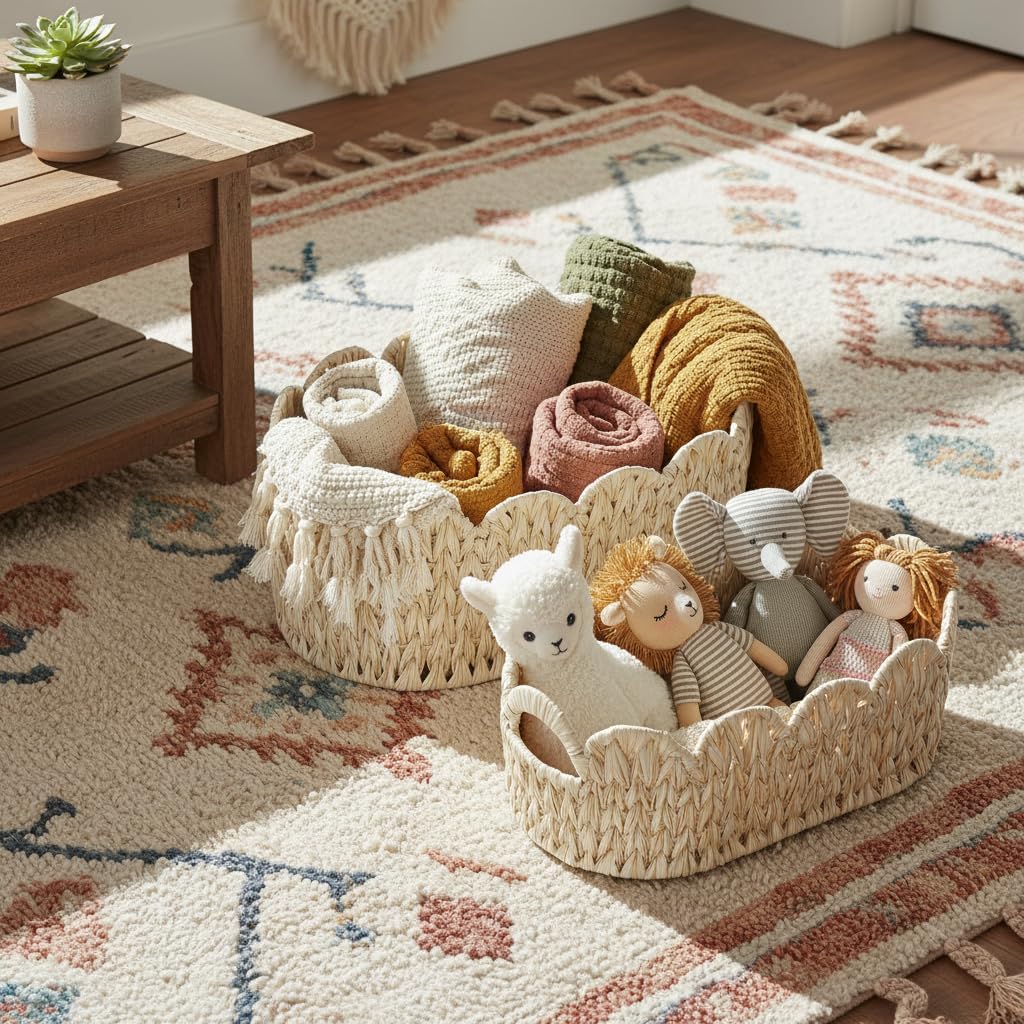 Wicker Scalloped Basket,Boho Decorative Baskets for Shelves,Organizing,Gifts,Waterproof Large Rattan Storage Basket with Built-in Handles,Set of 2