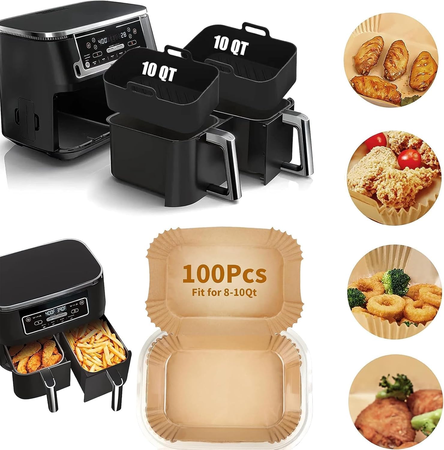 100Pcs Air Fryer Disposable Liners+ 2Pcs Silicone Liners Sets for Ninja DZ401/DZ550/SL401 10Qt, Rectangular Air Fryer Inserts Accessories for Cosori 9QT Dual Basket, Parchment Paper Liners+Black
