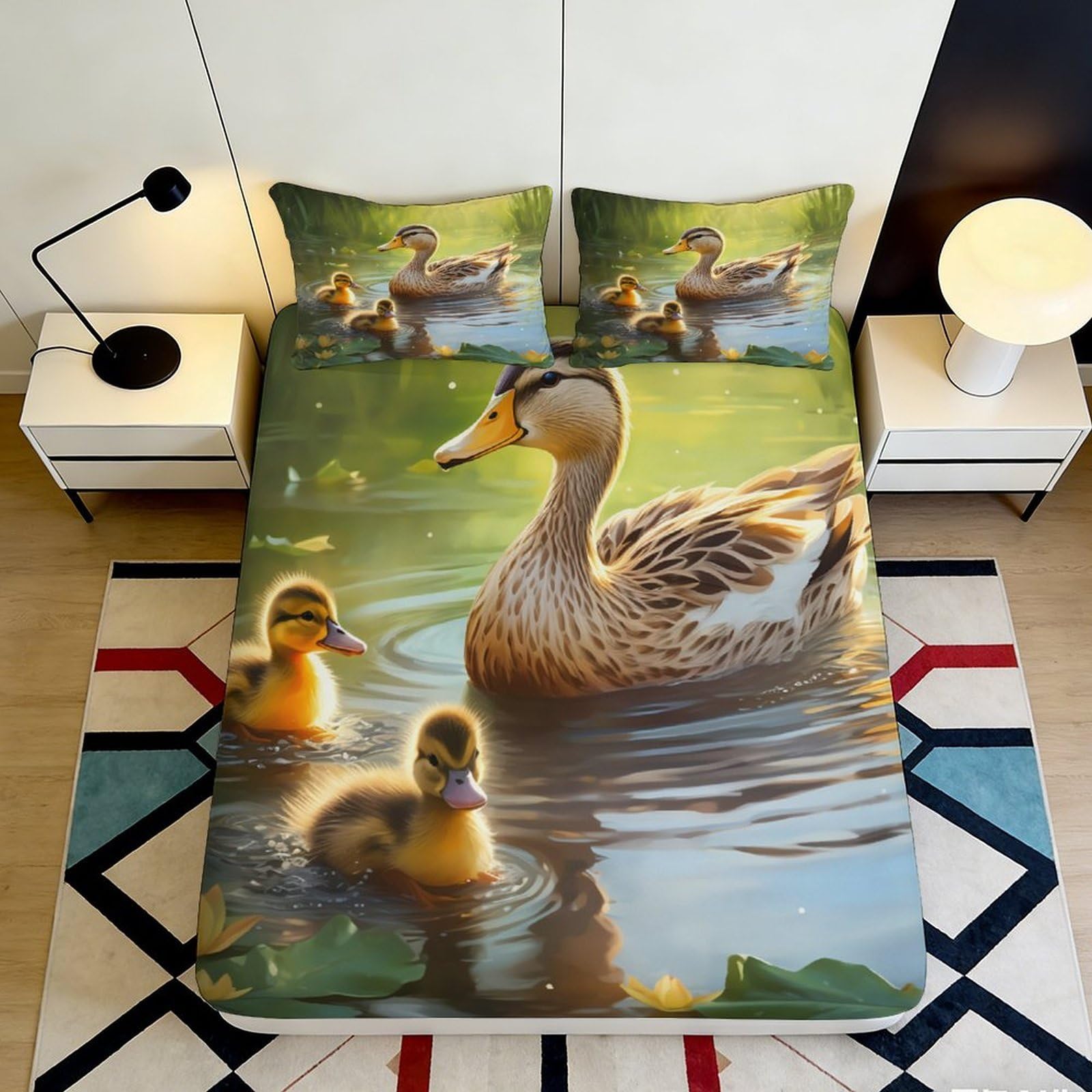 3D Printed Duck Family Fitted Sheet Microfiber Soft Breathable Ducklings Bed Cover for Bedroom Dormitory Guest Room Mattress Protection Decor 140x200x25cm