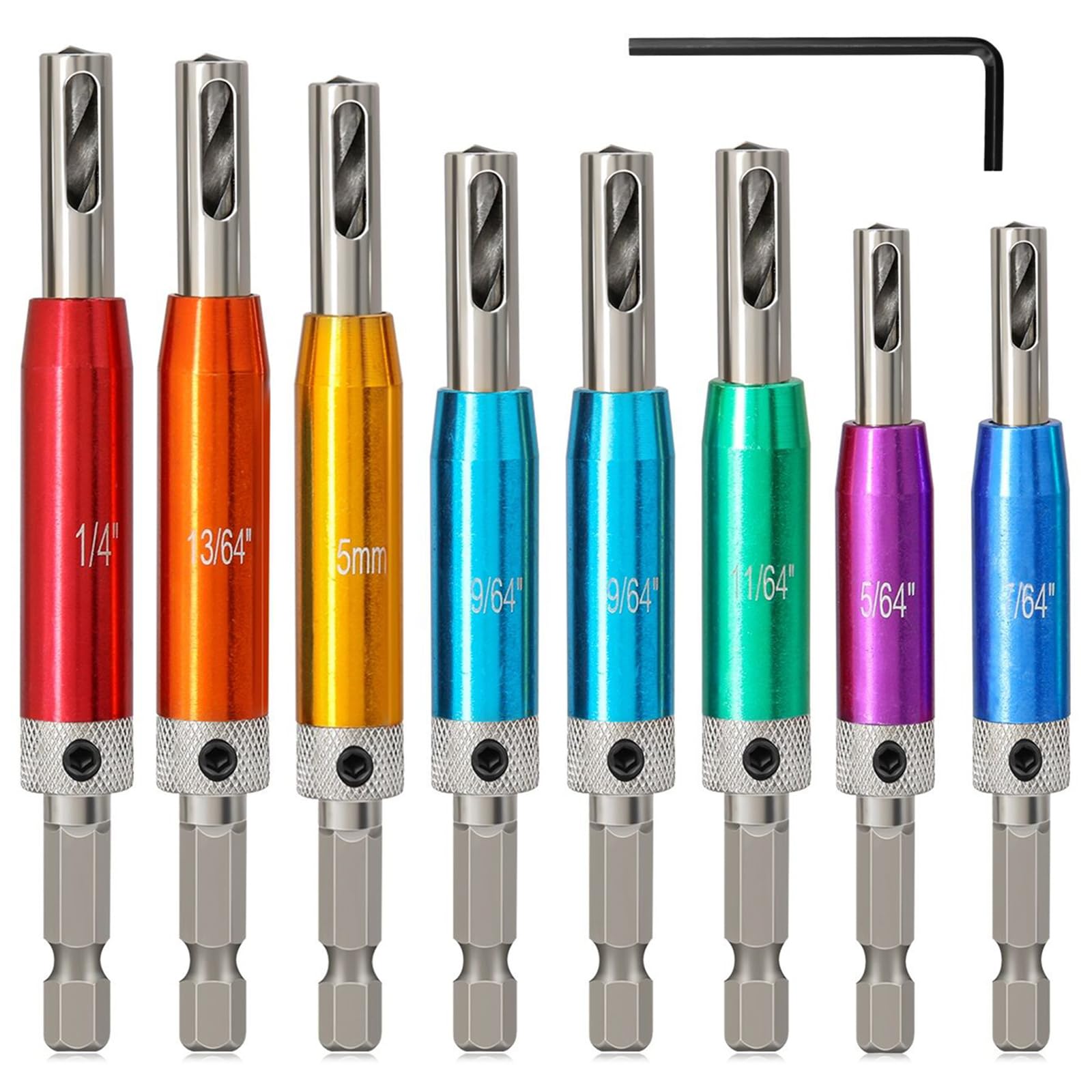 8PCS Hinge Drill Bit Set, HSS Self Centering Drill Bits 1/4" Hex Shank Hinge Drill Bit Guide Set Window Woodworking Puncher Hole Drilling Tool, 5/64”, 7/64”, 9/64”, 11/64”,5mm,13/64'',1/4''