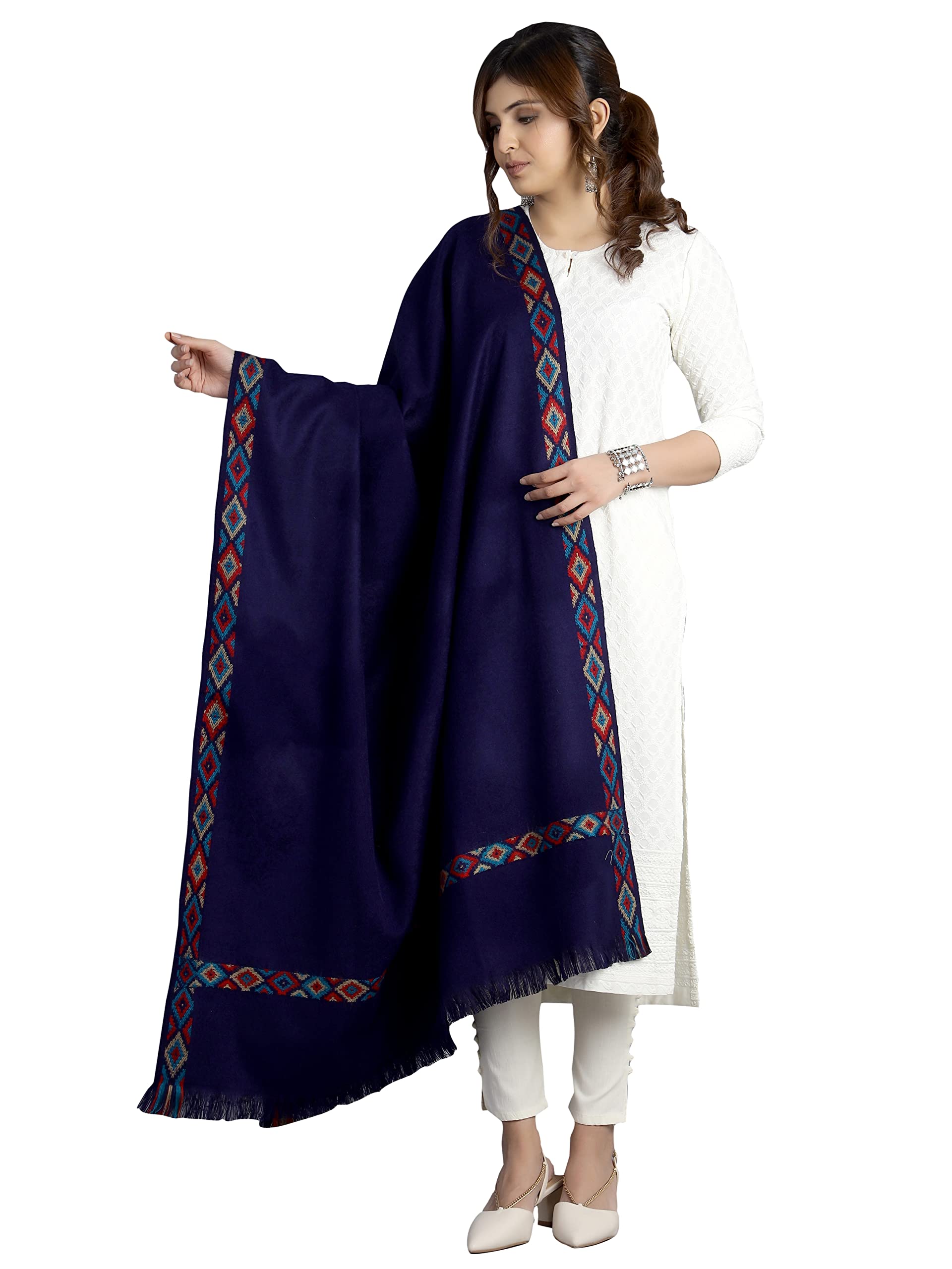 Ravaiyaa - Attitude is everything Hand Woven Wool Kullu Shawl, Warm and Soft Winter Shawl, Design Stylish Wraps, Faux Pashmina for Women's (Blue)-picture-35