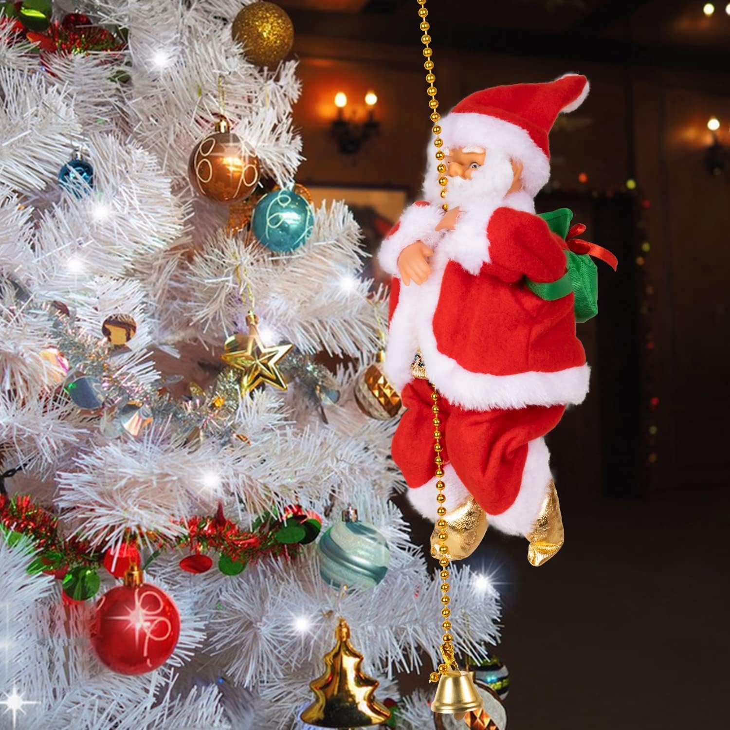 Jorunb Climbing Ladder Rope Santa Claus Doll Christmas Figurine Ornament Santa Climbing Ladder to Tree Singing Chrstimas Doll for Kids (10 x 20 cm, Gold Rope)
