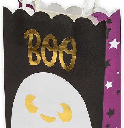 Miniatura 5 de Spooky Central Paquete de 24 bolsas de papel de Halloween con asas para niños, regalo de dulce o truco, suministros de recuerdo de fiesta, 3 diseños