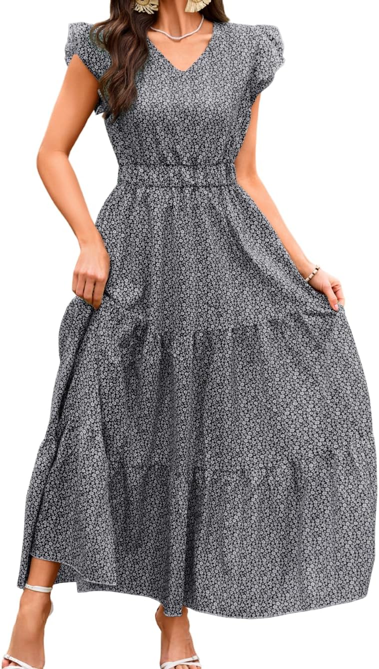 Women’s Modest Floral Maxi Sundress, Flutter Sleeve Flowy Long Dress for Spring Casual Summer Beach