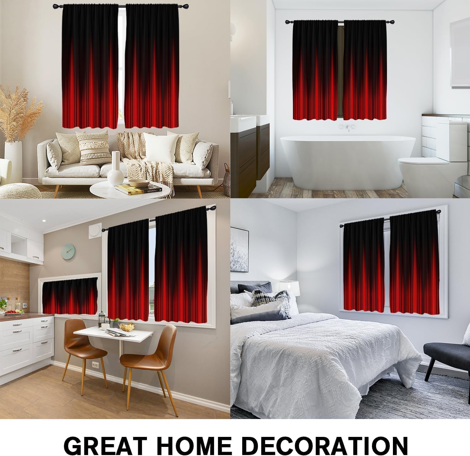 Coxila Black and Red Kitchen Window Curtains 27.5 x 45 Inch Rod Pocket Small Short Mini Cafe Gothic Goth Ombre Cool Anime Two Tone Mens Living Room Bedroom Home Treatment Set of 2 Panels Drapes Tiers image 4
