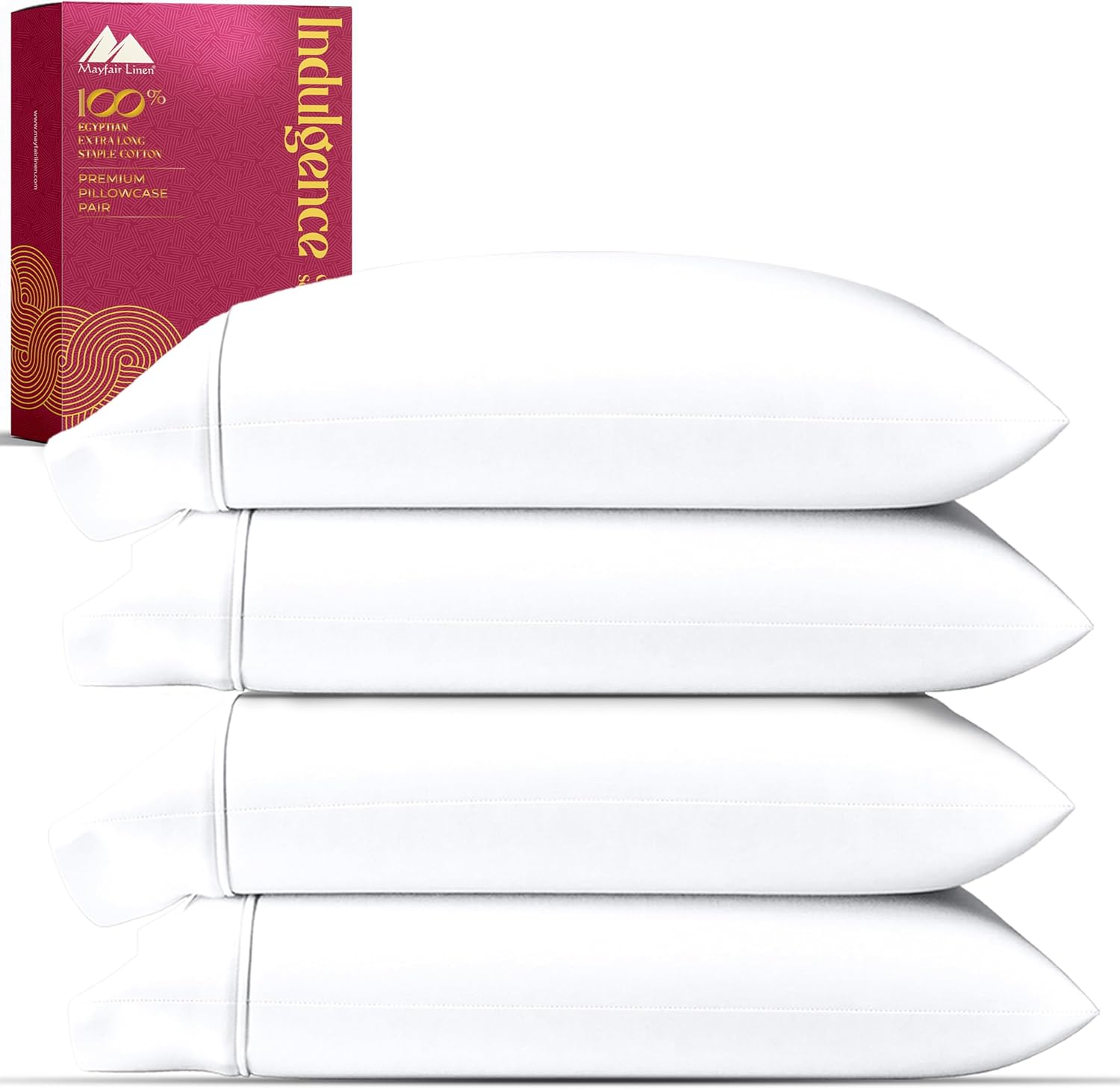Mayfair Linen 100% Egyptian Cotton King Size Pillow Cases Set of 4 - Luxury 1200 Series Pillow Cases King Size (White, 2 Pair), Soft & Breathable Sateen Weave Hotel Collection Cotton Pillowcases