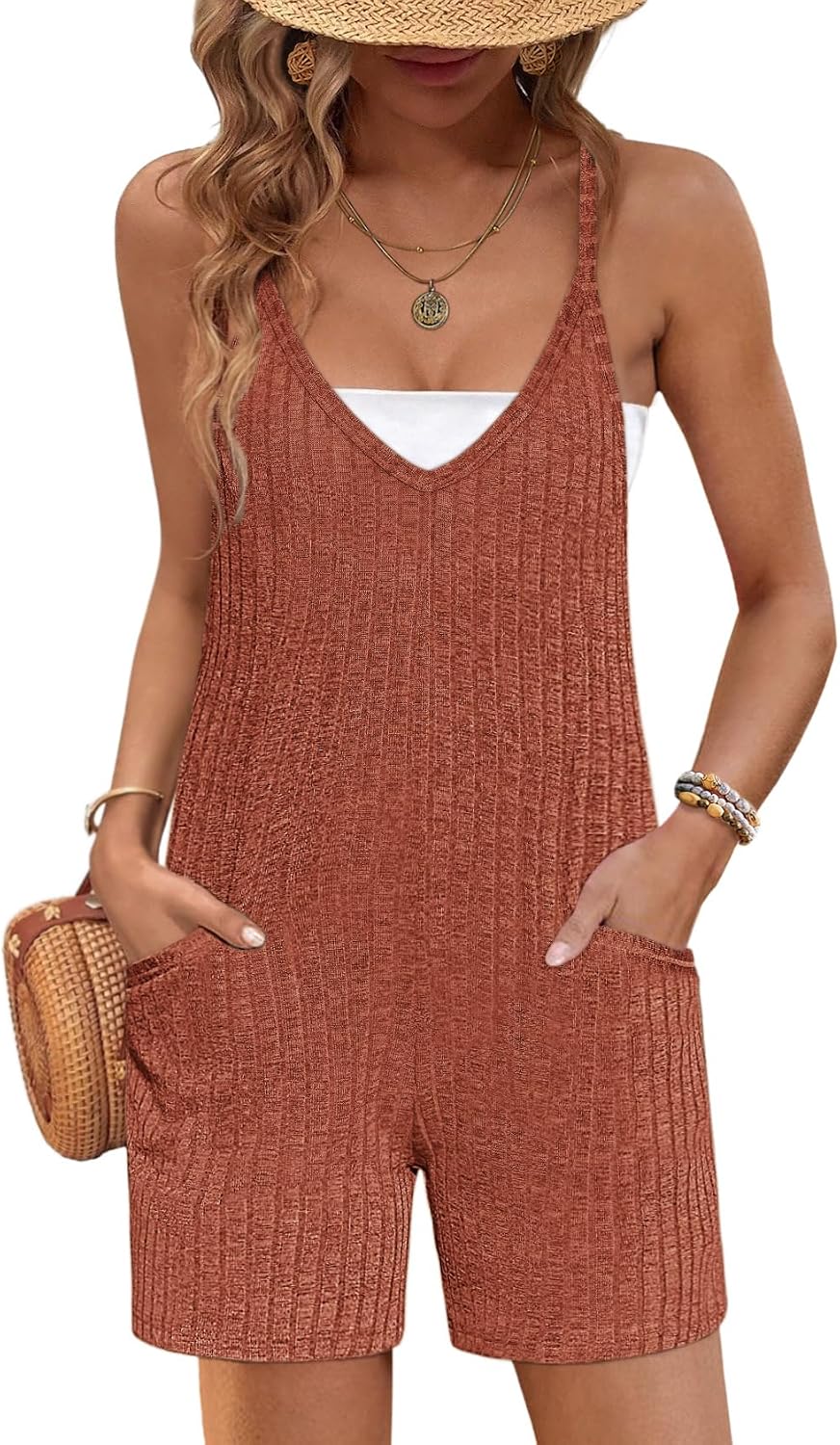 Ekouaer Rompers for Women Summer Casual Sleeveless Strap Maternity Jumpsuit Vacation Shorts Overalls with Pockets