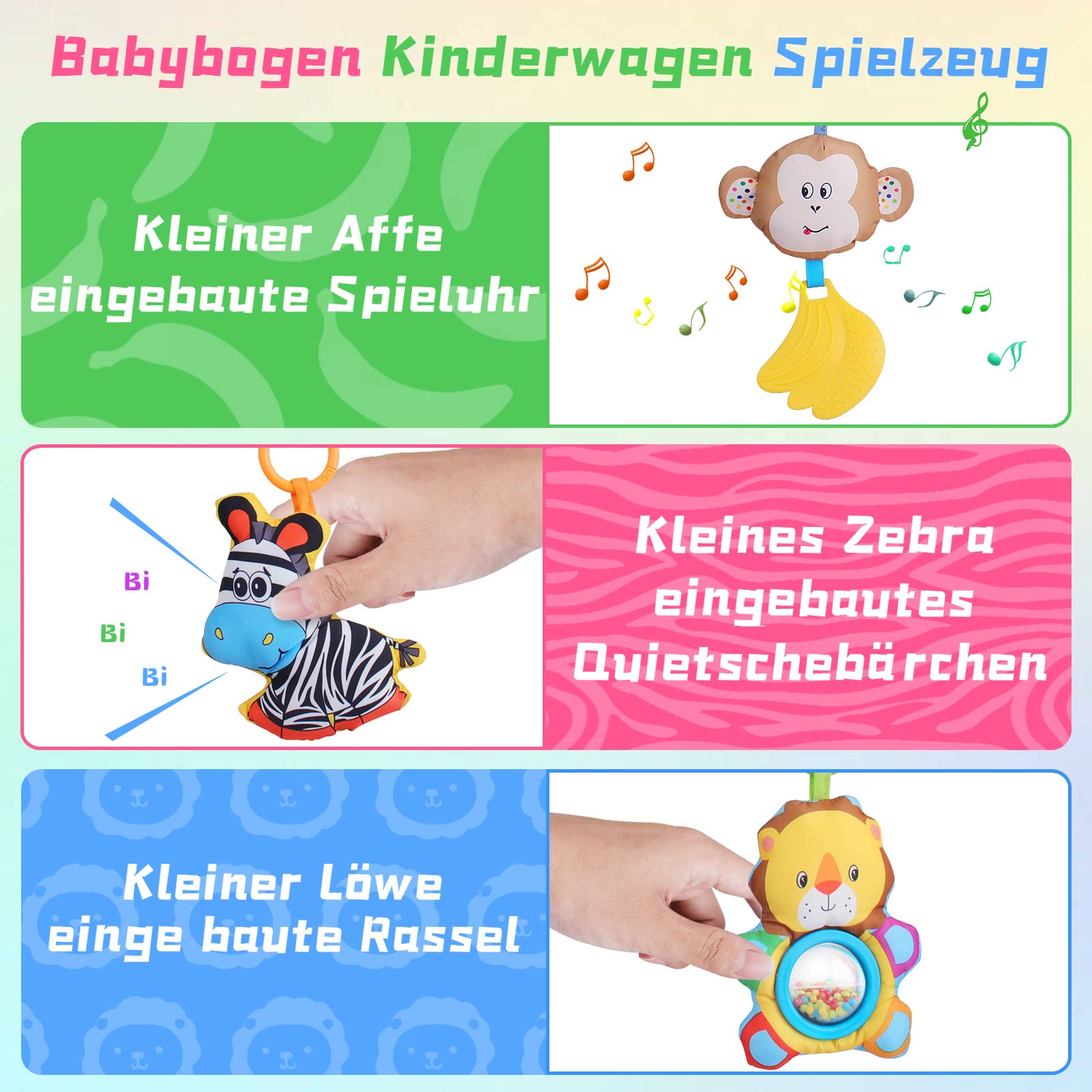 Henakmsl Jouet de Poussette Arc pour bébé 0-6 Mois Jouet de Poussette avec hochet/Squeak Musical Sensoriel Crèche Suspendue Arc Jouet Mobile Poussette Jouet pour Nouveau-né