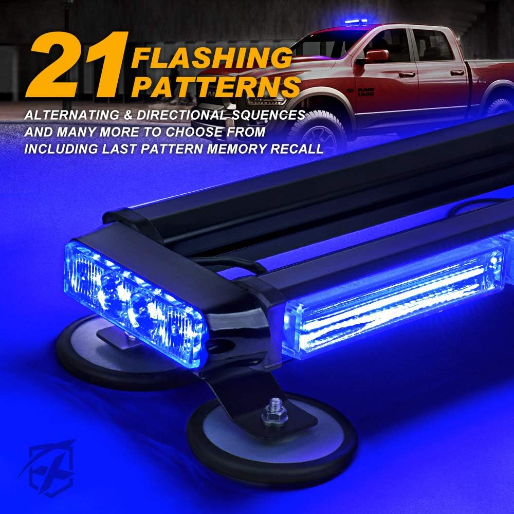 Xprite Blue COB LED Strobe Rooftop Flashing Light Bar w/Magnetic Base Double Side Hazard Warning Beacon Police Lights for Emergency Vehicles Trucks Volunteer Firefighter Traffic Cars