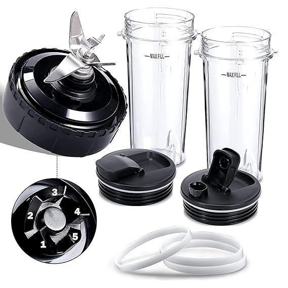 8 Pieces Blender Replacement Parts Compatible with Nutri Ninja,5 Fins Extractor Blade with 2 16oz Cups & 2 To-Go Lids & 3 Rubber Gasket Accessories for Ninja QB3000/QB3000SSW/QB3004/QB3005