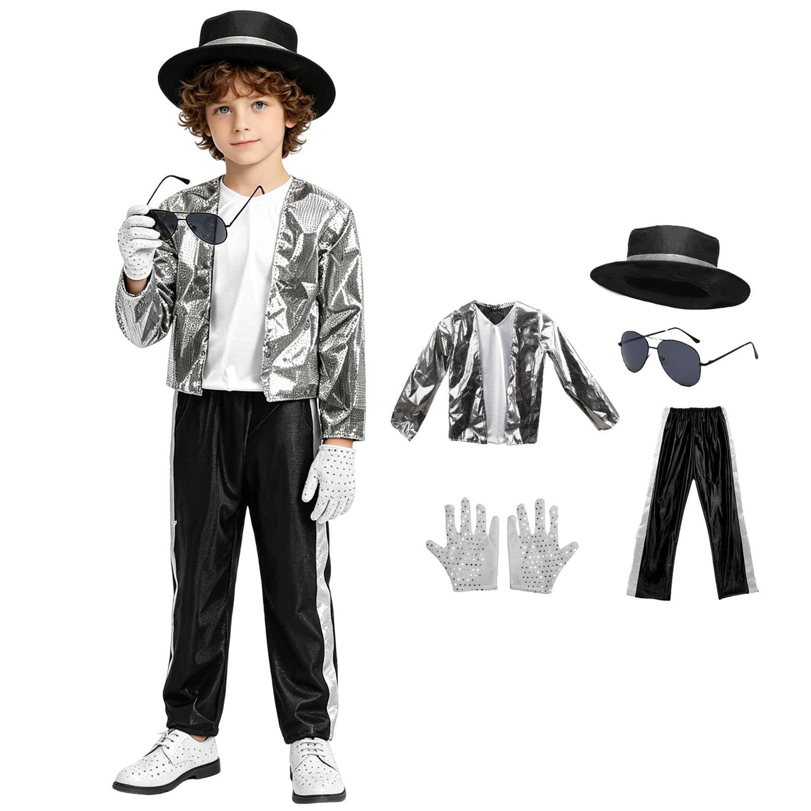 Kids Retro Pop Star Costume Set Striped Jacket Shiny Gold Pant With White Hat And Necktie 80s 90s Music Icon For Halloween Party Stage Performance And Fancy Dress