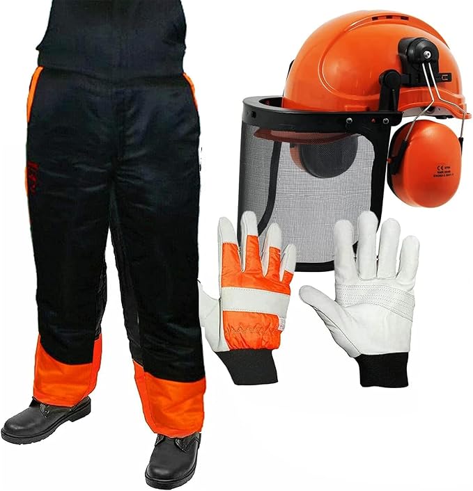 SPARES2GO Chainsaw Safety Bib & Brace (L), Helmet with Mesh Visor, Ear
