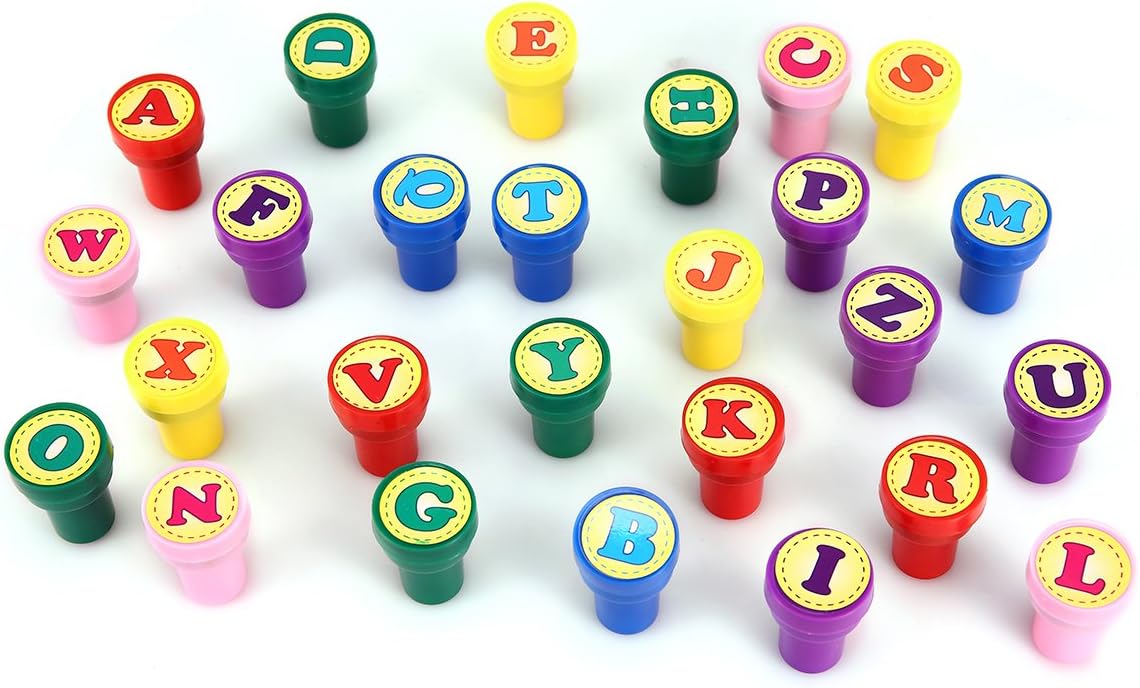 LUCKYBIRD Letter Stamps for Classroom and Teachers, Colorful Self Inking Plastic Alphabet Stamps for Kids, 26 Count