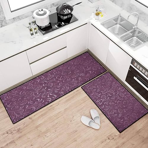 Juego de alfombras de cocina retro moradas berenjena remolino floral estilo victoriano tapete de cocina antideslizante para piso tapete de baño