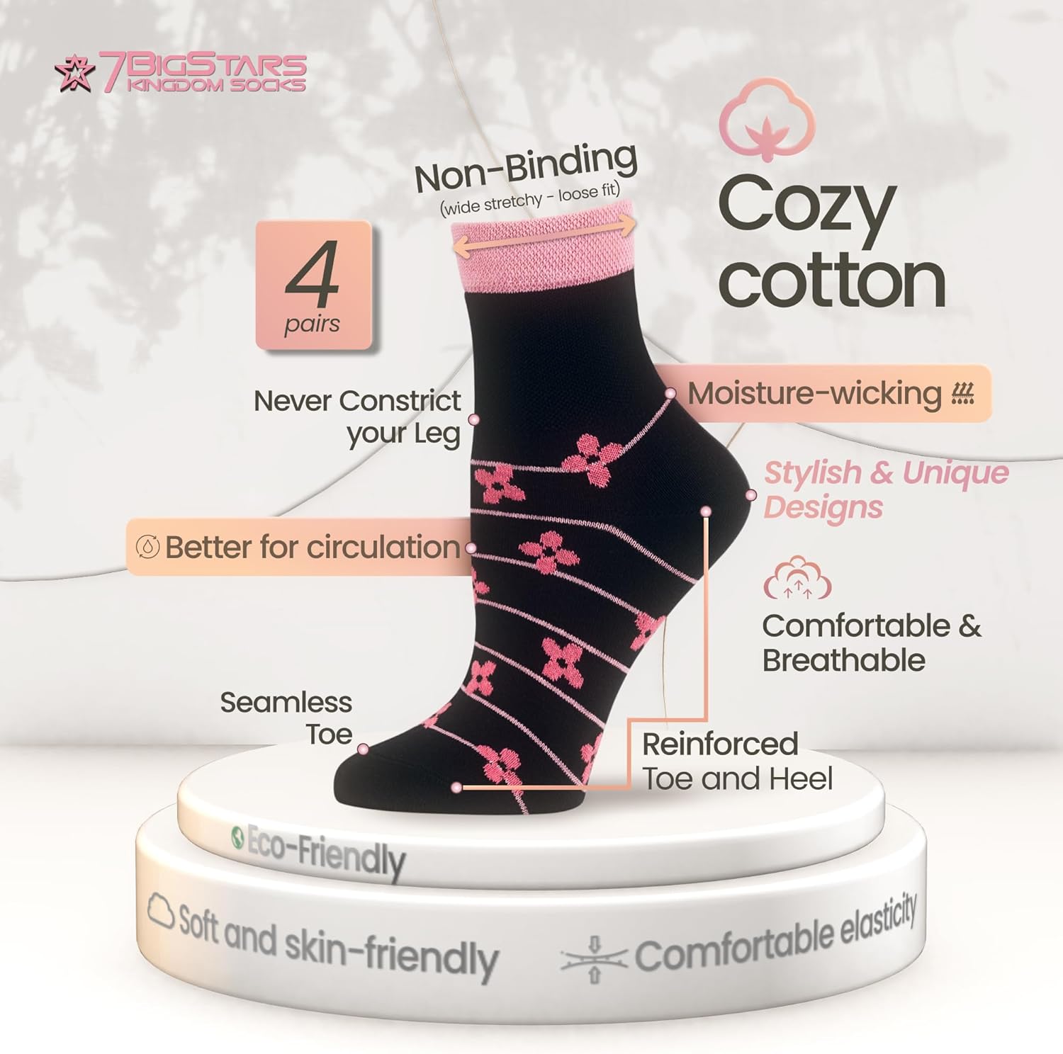 7BIGSTARS KINGDOM Women's Cotton Diabetic Quarter Novelty Socks - 4 Pack Large-Loose- Heart, Stripe, Flower - Sock Size 10-12 Shoe Size 8-12 L Black, Pink, Salmon - Image 3