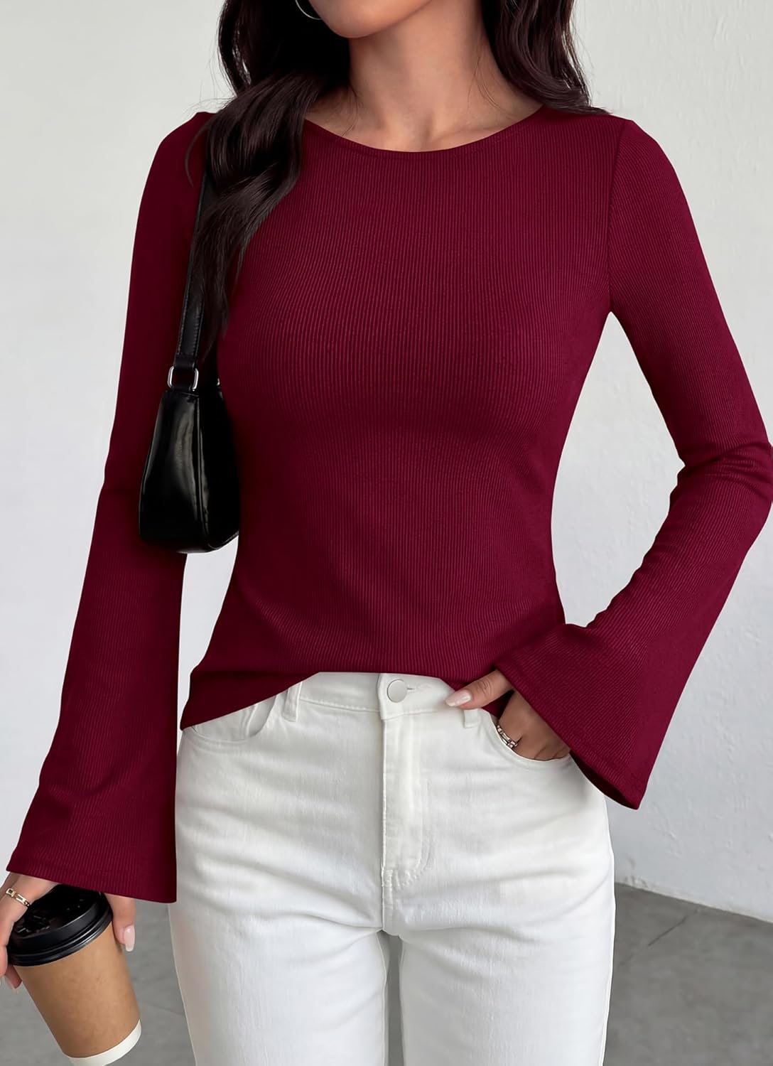 BTFBM Long Sleeve Shirts for Women 2026 Spring Y2K Clothes Casual Boat Neck Bell Sleeve Fitted Fall Going Out Tops - Image 5