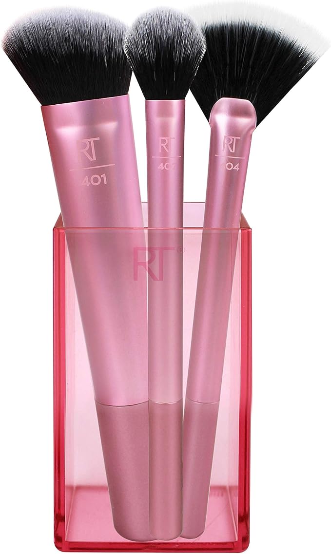 Real Techniques Kit para Acabamento com 3 Pincéis e Porta Pincel Rosa