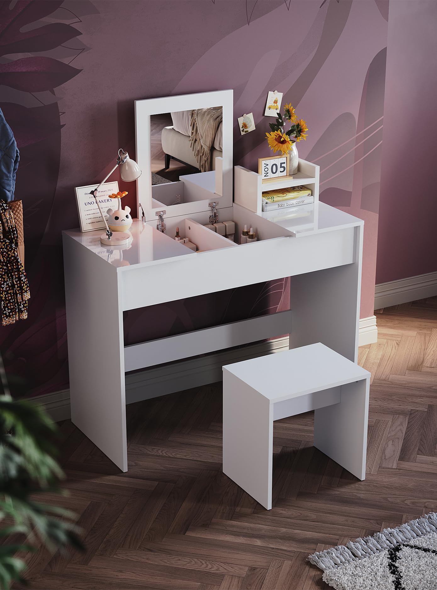 SONNI Schminktisch mit Klappspiegel, Frisierkommode weiß mit Hocker und ...