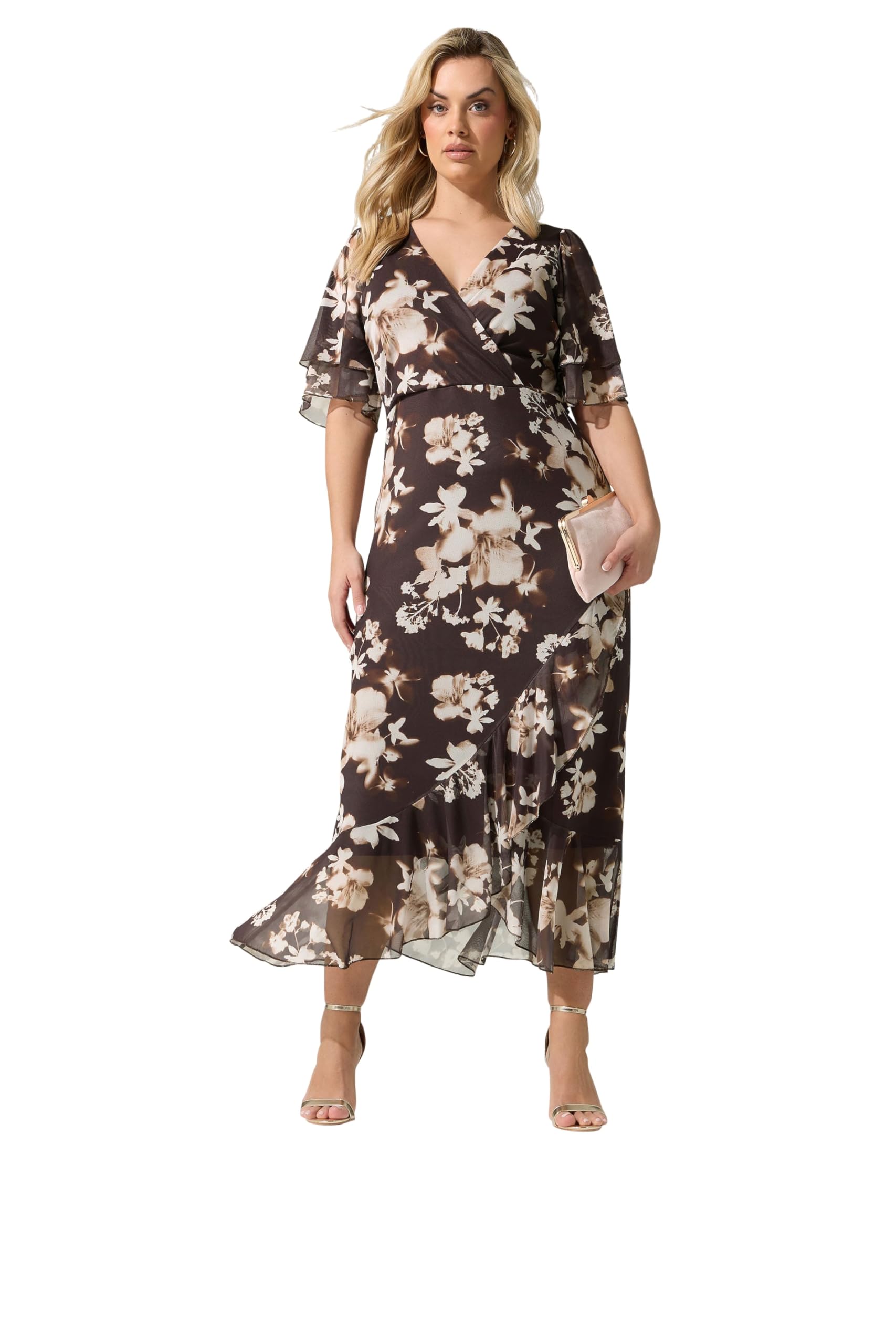 Yours London Curve Chocolate Brown Blurred Floral Wrap Dress - Women's - Plus Size Curve