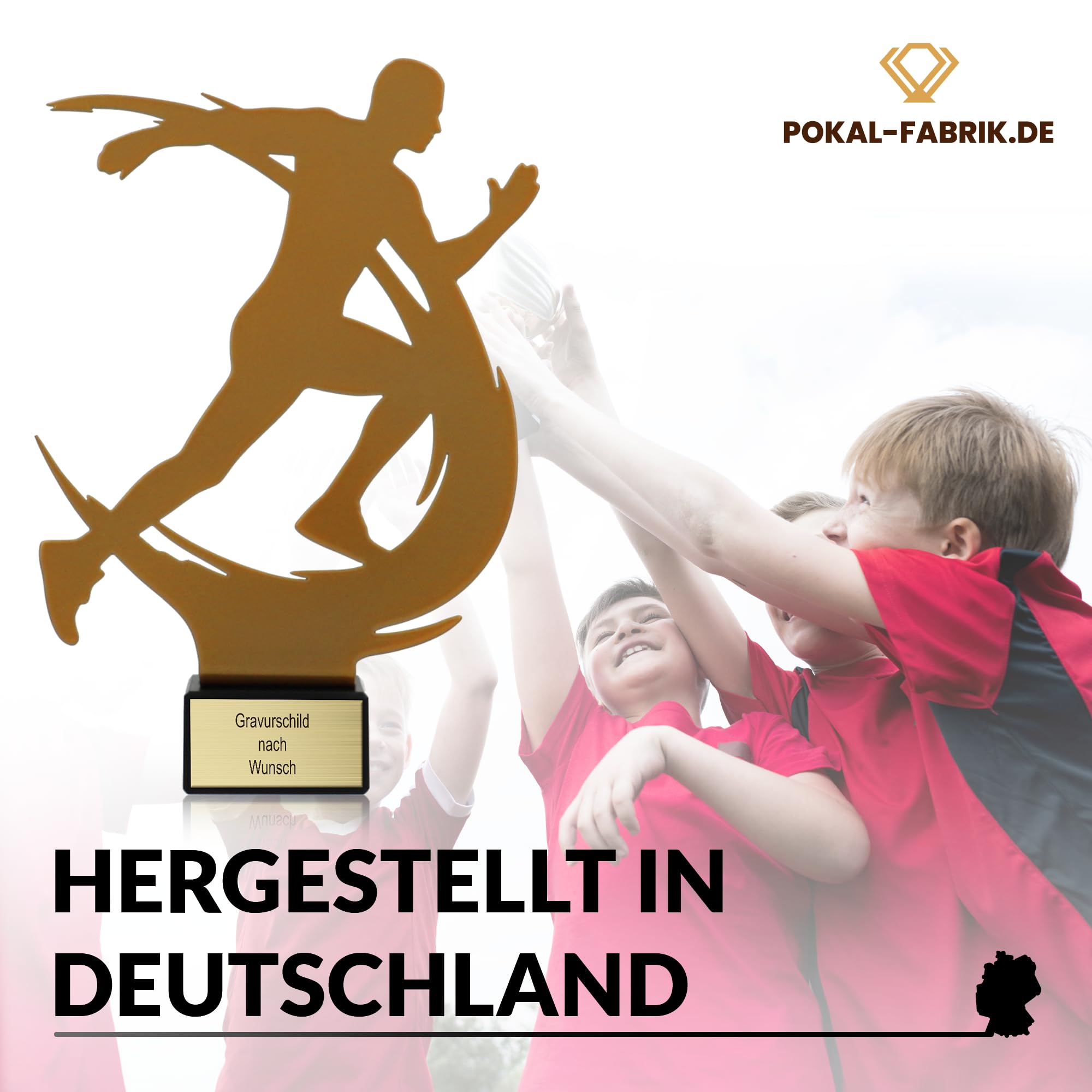 Goldene/r Läufer/in Pokal 21 cm aus Metall mit Gravur - Marathon Geschenk-Trophäe mit Metallsilhouette & Steinsockel - Personalisiertes Geschenk - Wanderpokal Laufen | Joggen