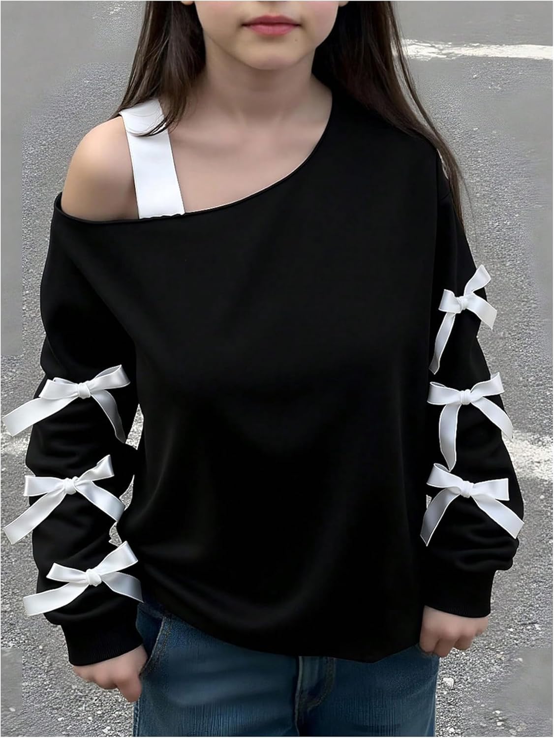 Girl's Off The Shoulder Sweatshirt Bowknot Long Sleeve Sweatshirts Pullover Fall Tops Streetwear - Image 2