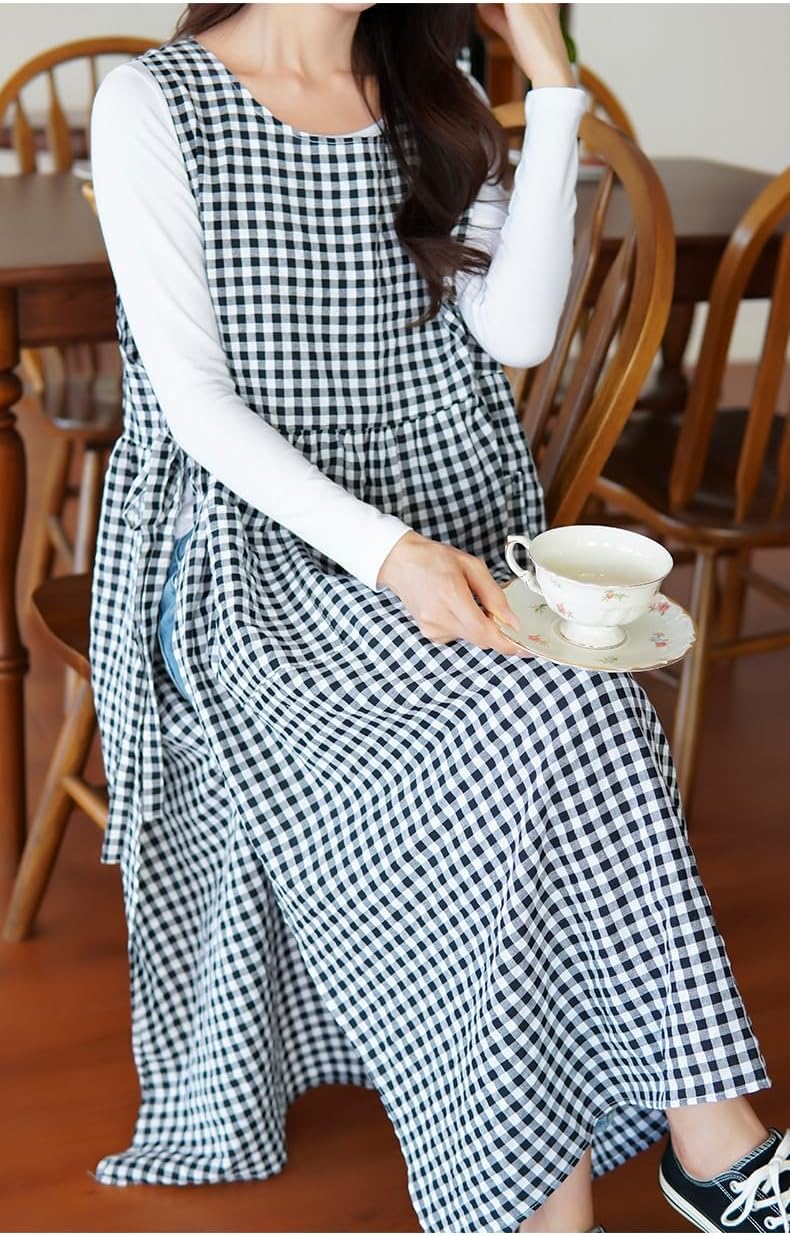 Plaid Apron Dress，Japanese Cotton Linen Cross Back Apron for Women with Pockets，Pinafore Dress with Waist Ties