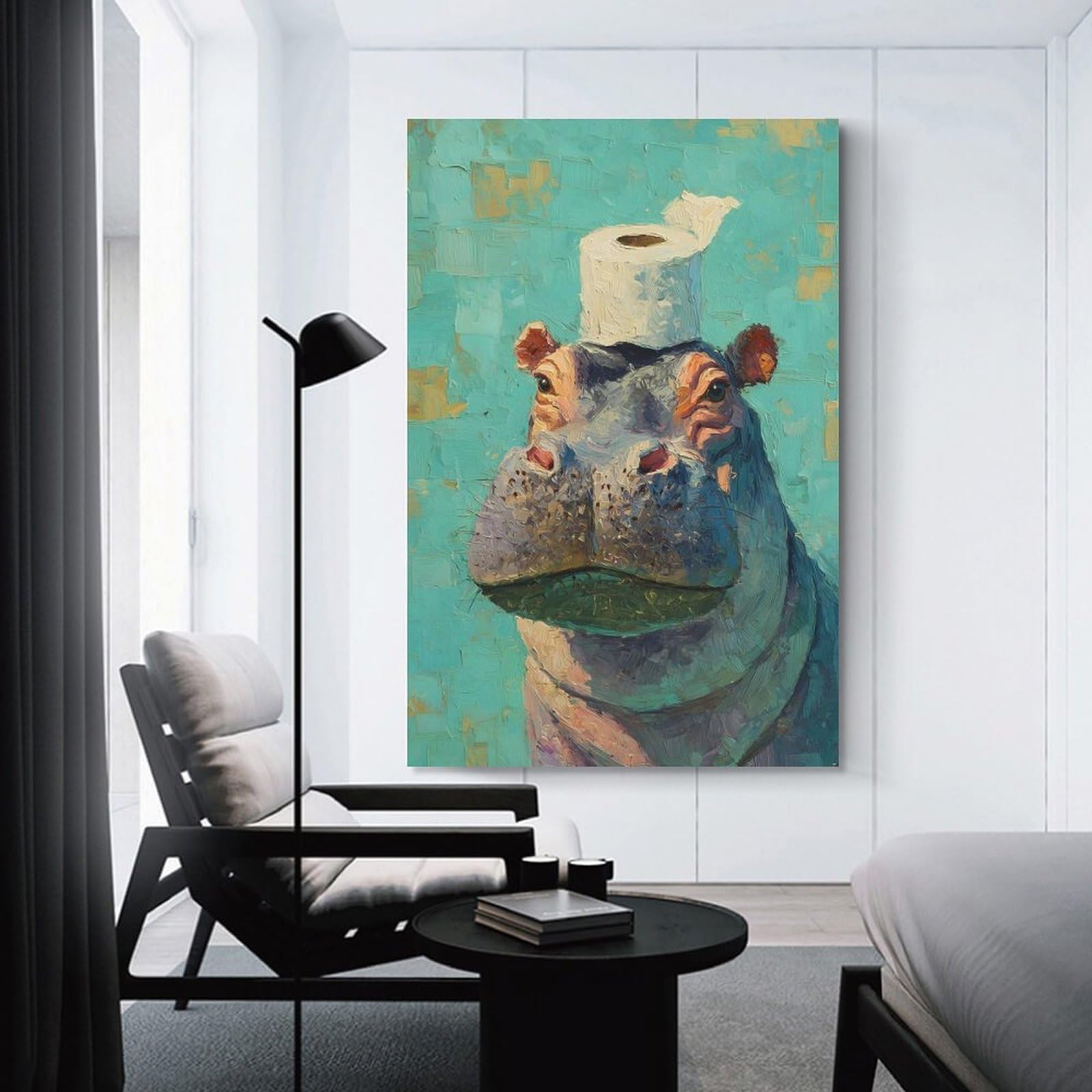 Junmoney Hippo with Toilet Paper Hat Wall Art Print 16x24inch(40x60cm), for Gallery Wall Layouts in Home Or Office, An Easy Match for Collected Prints