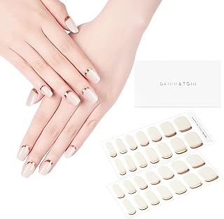 DANNI & TONI Semi Cured Gel Nail Strips Reverse French (Ivory Luxe) Golden Gel Nail Wraps Beige UV Led Nails 28 Stickers