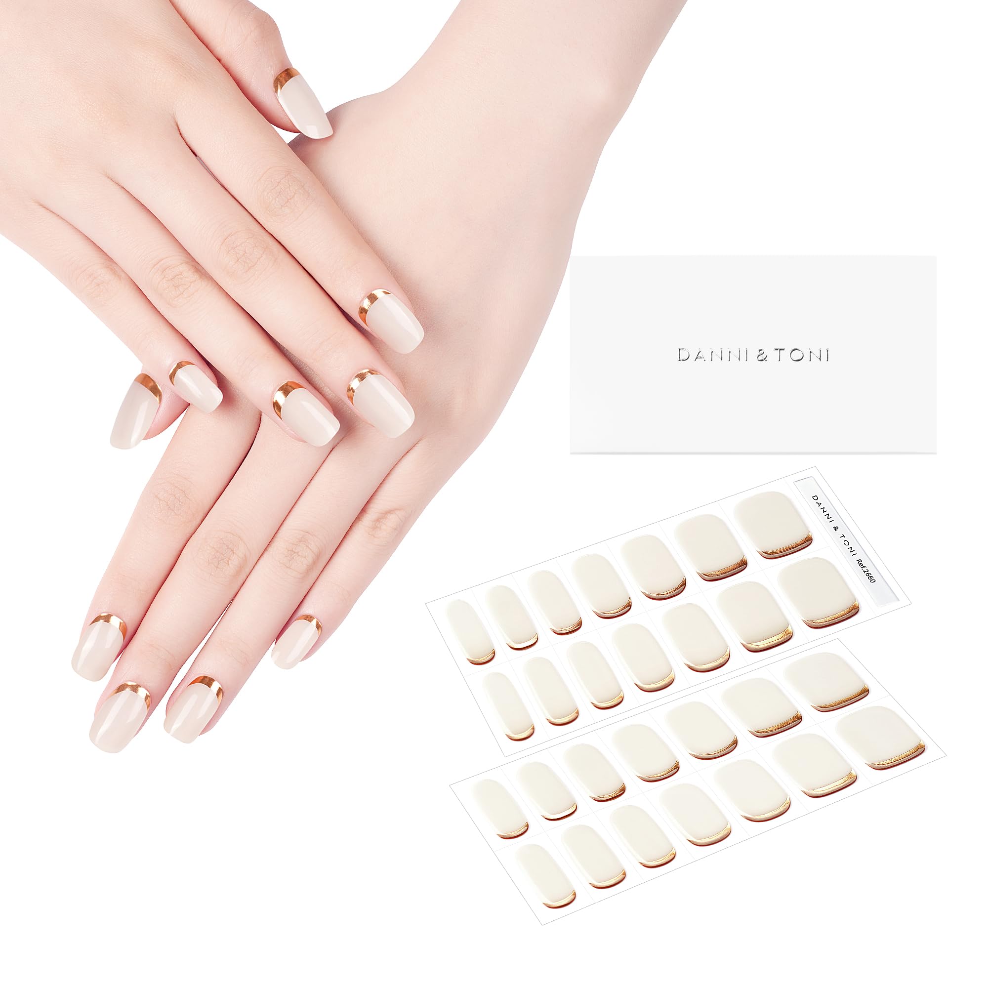 DANNI & TONI Semi Cured Gel Nail Strips Reverse French (Ivory Luxe) Golden Gel Nail Wraps Beige UV Led Nails 28 Stickers