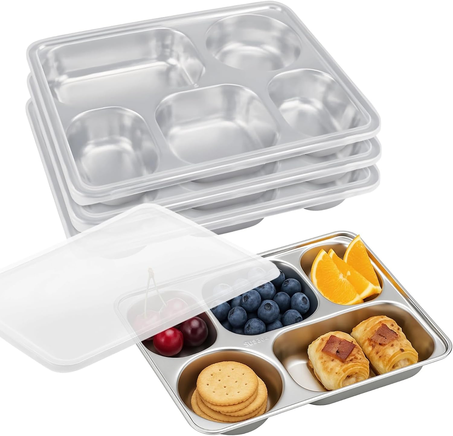 Steel Bento Plates 4 Pcs, 5 Compartments With Lid, Food Storage Trays Reusable, Divided Snack Container For Work Lunch, Youngster Meals, Picnic
