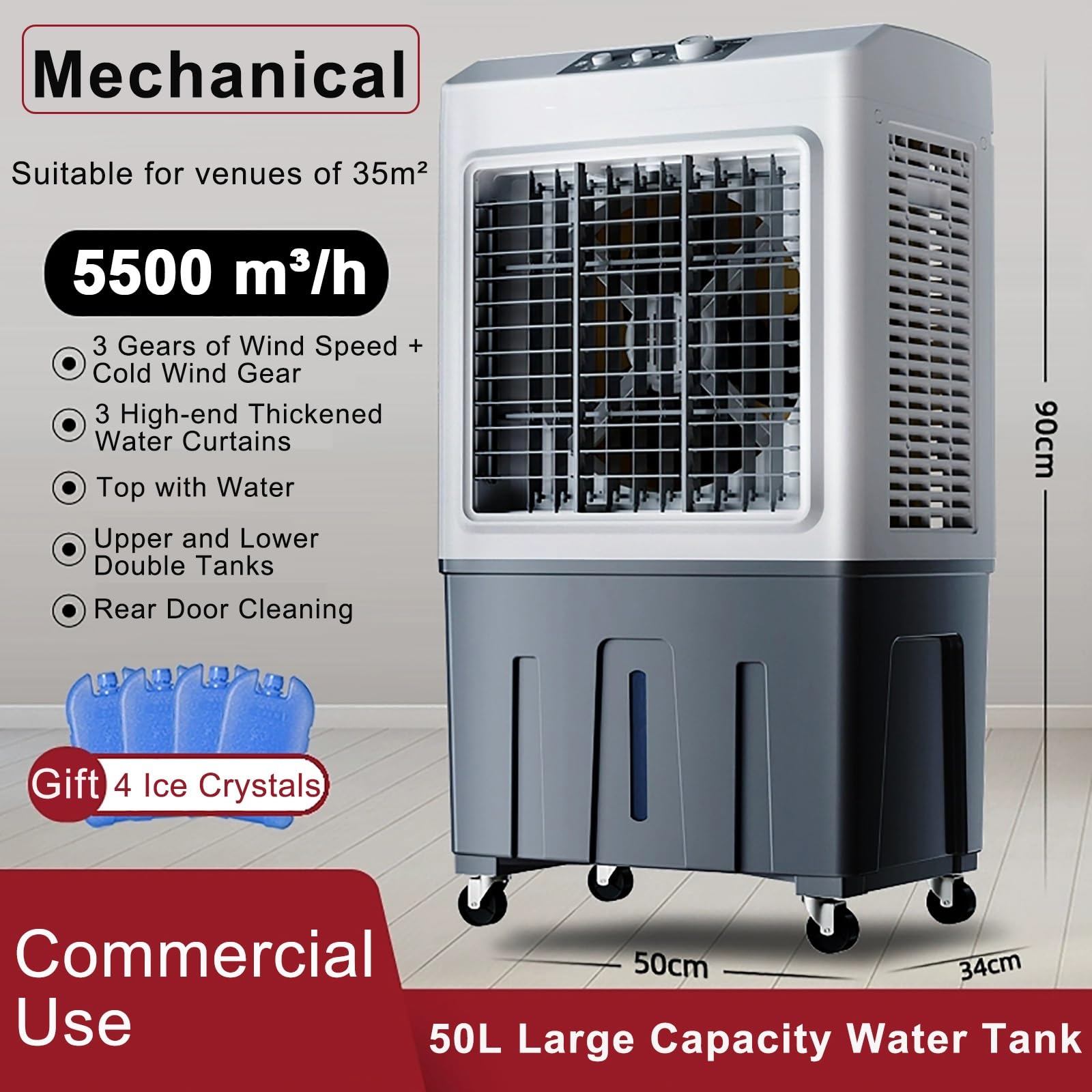 Enfriador De Aire Evaporativo Comercial, Humidificador Y Ventilador 3 En 1, 200 W, Tanque De 50 L, Enfría hasta 538 Pies Cuadrados para El Hogar, Taller, Uso Mecánico - 50 X 34 X 90 Cm