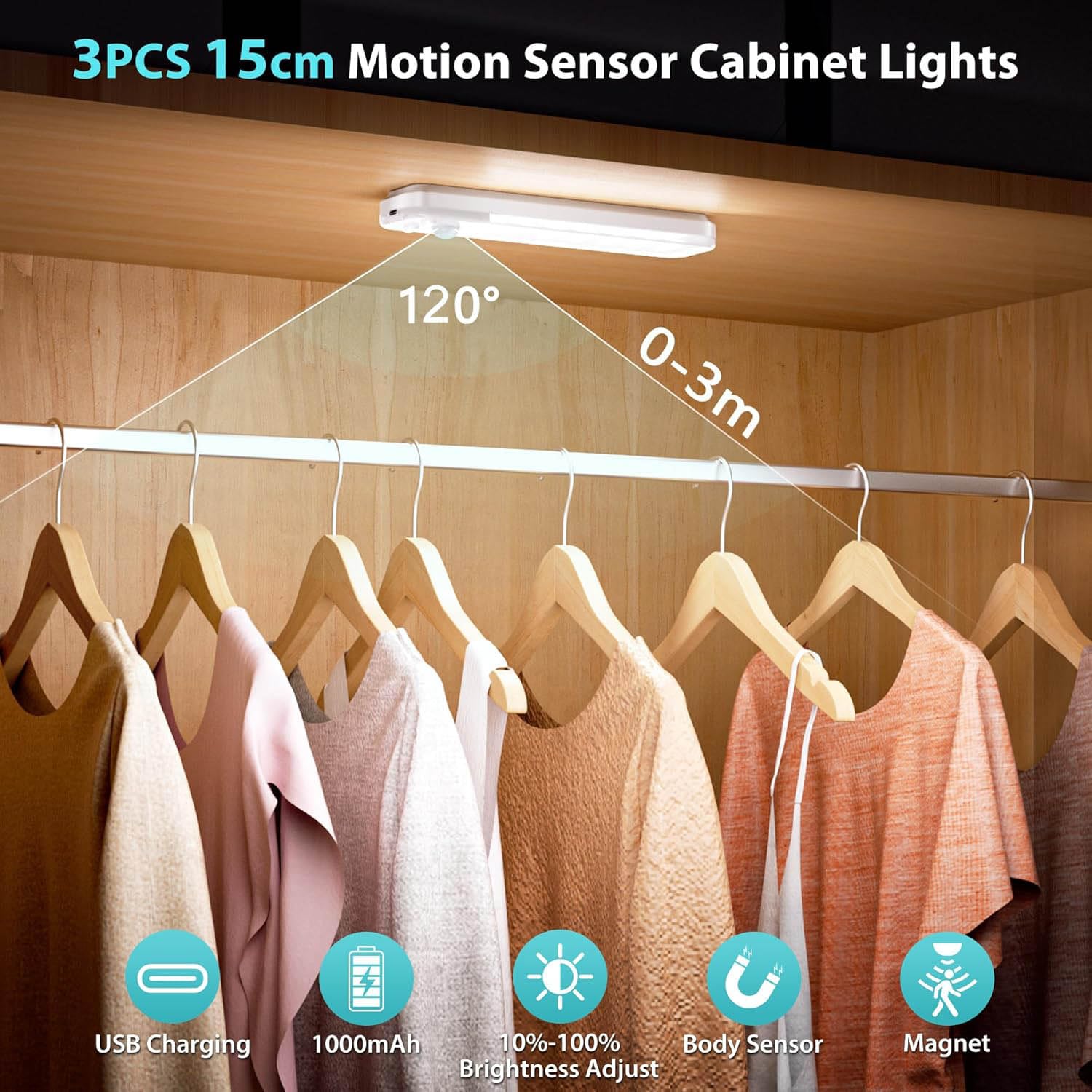 Luz de Armario, 3 Piezas 15CM Luz Nocturna con Sensor Movimiento, 6500K USB Recargable LED Armario para Gabinete, Cocina, Escalera, Pasillo, Sótano, Garaje - Blanco Frio