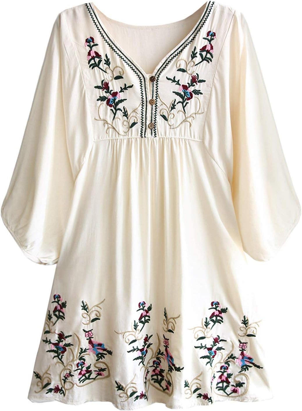 Doballa Women's Floral Embroidery Mexican Tunic Shift Bohemian Mini Blouse Dress