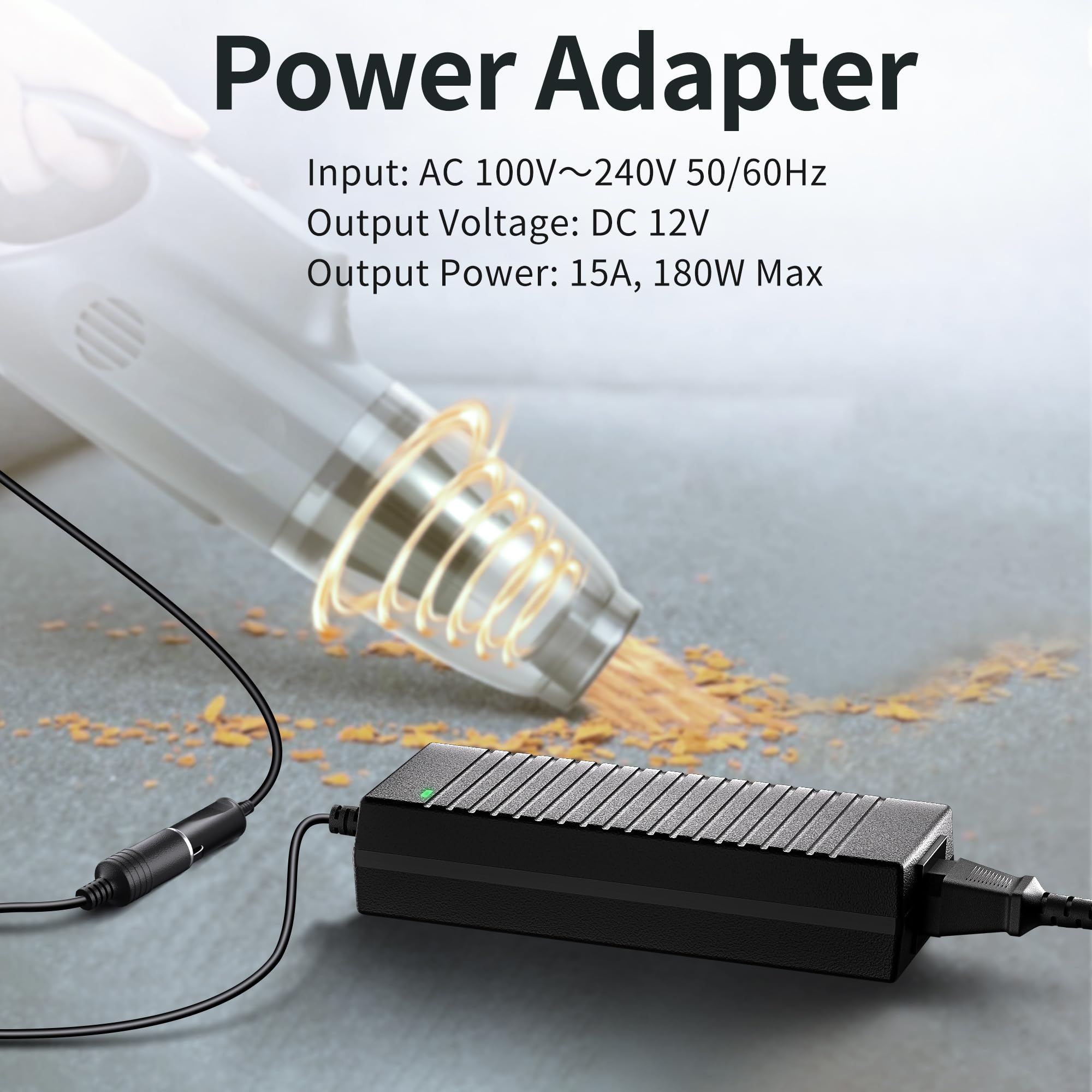180W/15A KFZ Netzadapter, 2.65M Spannungswandler 230V auf 12V, 220V Wechselrichter Adapter mit Zigarettenanzünder-Buchse für Kühlbox, Autostaubsauger, Autokühlschrank, Kompressor, Reifenfüller