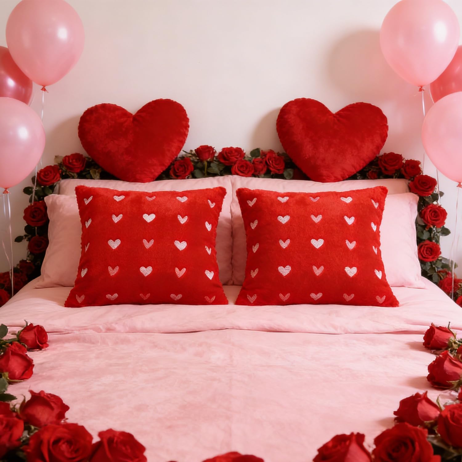 Valentines Heart Red Throw Pillow Covers Set of 2, 18 x 18 Inch White Heart Soft Plush Short Wool Velvet Pillow Covers,Anniversary Wedding Home Decor Jacquard Cushion Case for Sofa Couch image 3