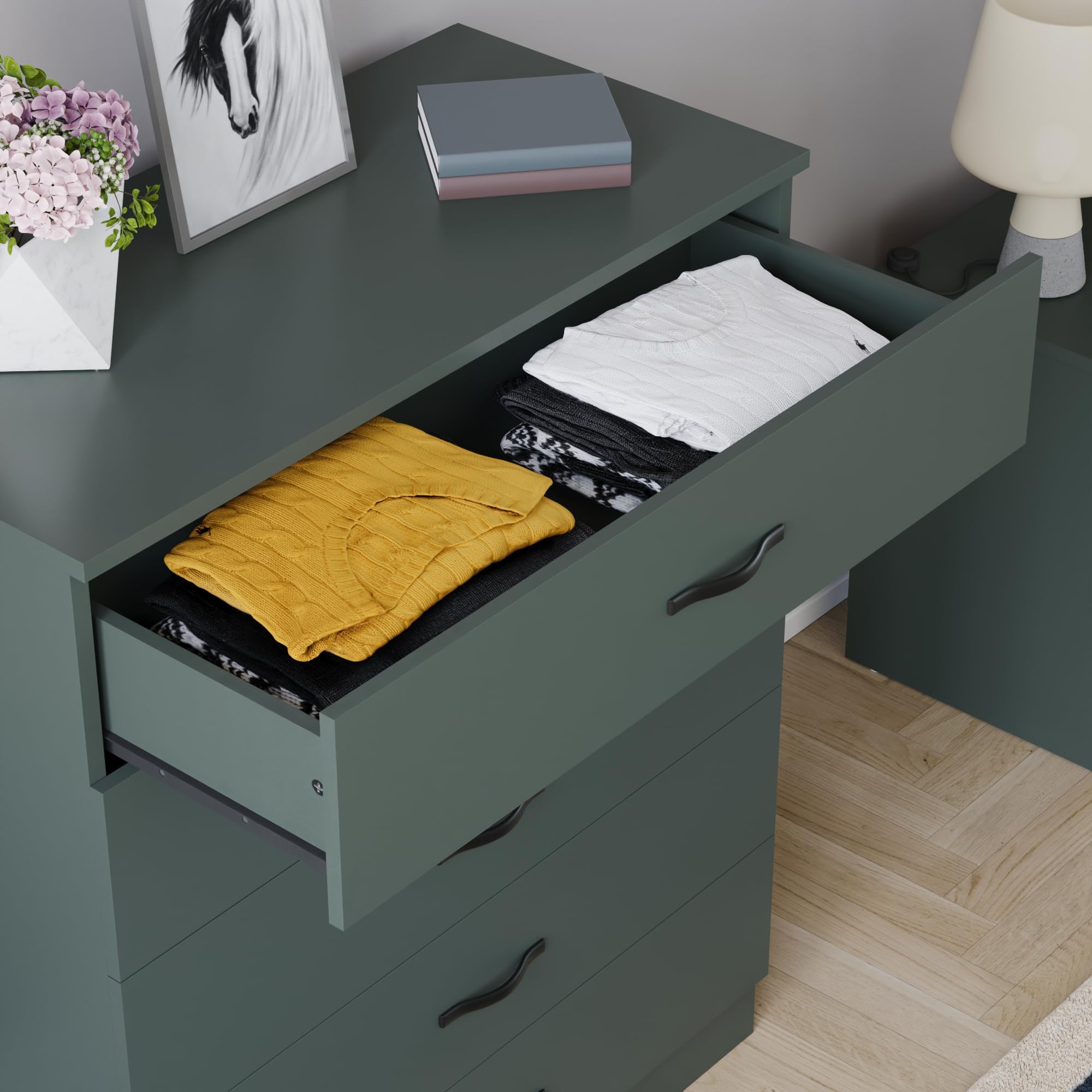 Vida Designs Cassettiera Jasper verde, 5 cassetti con maniglie e guide in metallo, unico supporto anti-piegatura, mobili per camera da letto Riano