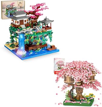NEWABWN Chinese Architecture Micro Building Kits Peach Blossom Pond & Flowers Treehouse