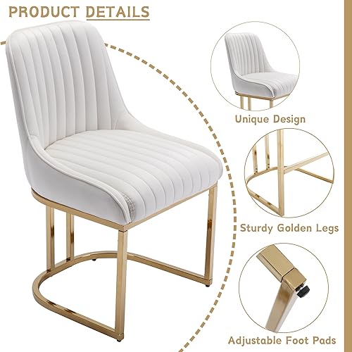 Miniatura 3 de Juego de 2 sillas de comedor tapizadas blancas de terciopelo, sillas de cocina modernas con patas y respaldos dorados, sillas laterales sin brazos