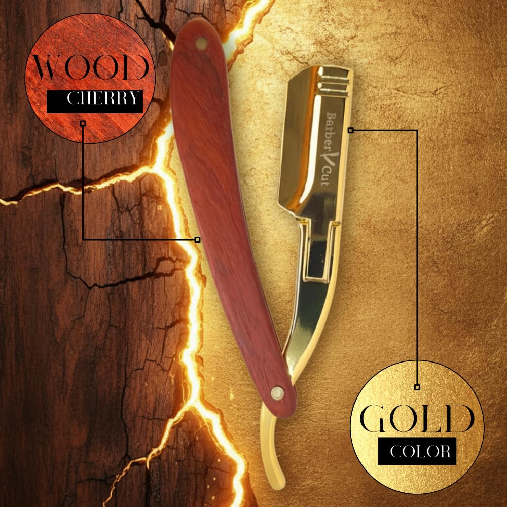 Men's Shaver Gift Box Shavette Cut Stainless Steel Cabbage Gold Colour and Precious Wood Beard Kit with Pack of 5 Double Professional Razor Blade