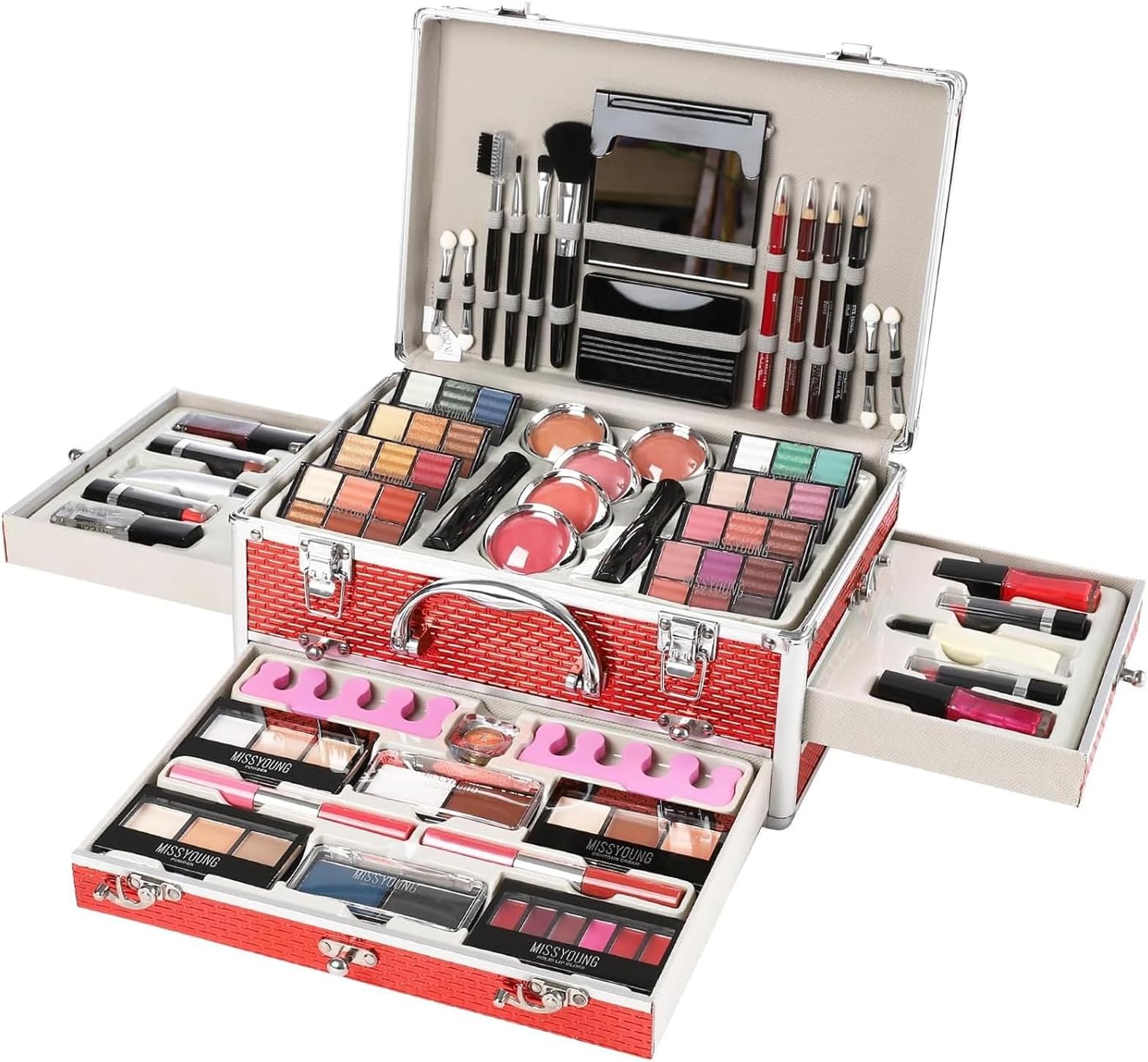 All in One Makeup Kit for Teens, 106 Pcs Professional Kit, Include Eyeshadow Palette, Lipstick Set, Concealer, Foundation, Lipgloss, Makeup Brush (Red)