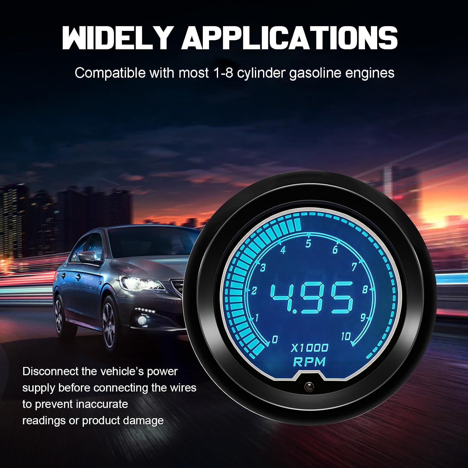Tachometer Gauge, 7 Colors 0-10000 RPM Tacho Meter 52mm 2-1/16"