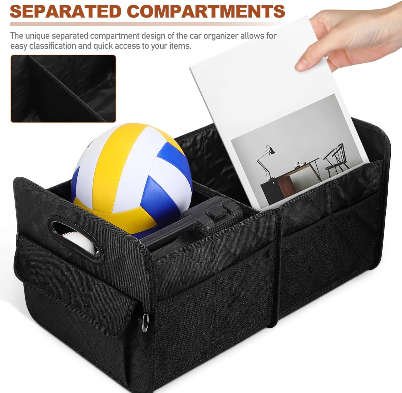 ULTECHNOVO Car Trunk Organizer Foldable Storage Box with Large Capacity and Multiple Compartments 22.83X14.56X12.59In Non-Slip Car Storage Bin for Suv Minivan Truck