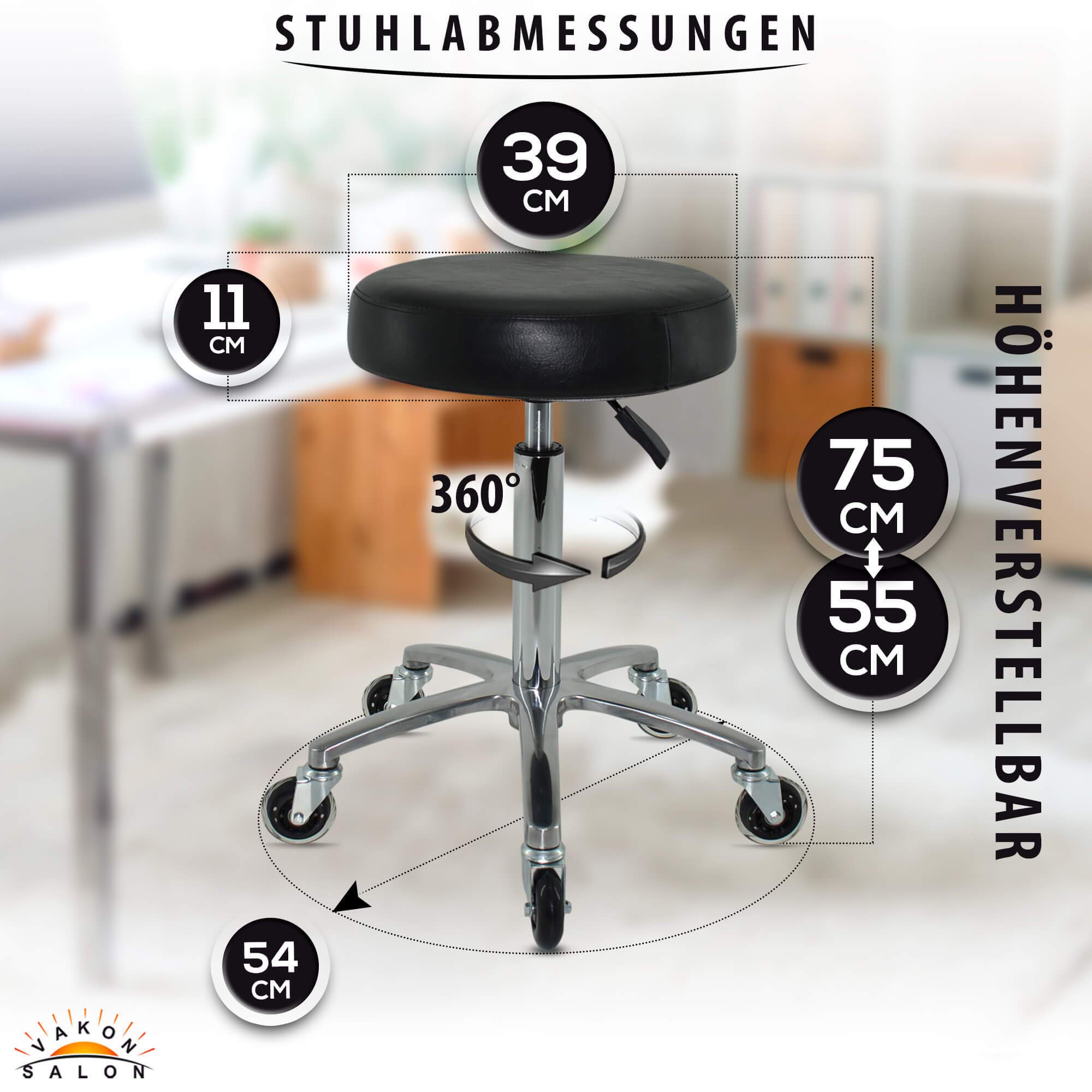 Premium Rollhocker höhenverstellbar von 55 bis 75 cm - Rundsitz - Drehhocker Arbeitshocker Praxishocker