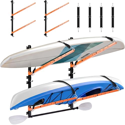 Kayak Storage Rack Garage Wall Mount Rack Heavy L-Frame Holder with Foldable Arms Adjustable Hangers for Indoor Outdoor Canoe Paddleboard, Supports 150LB(2 Tiers)