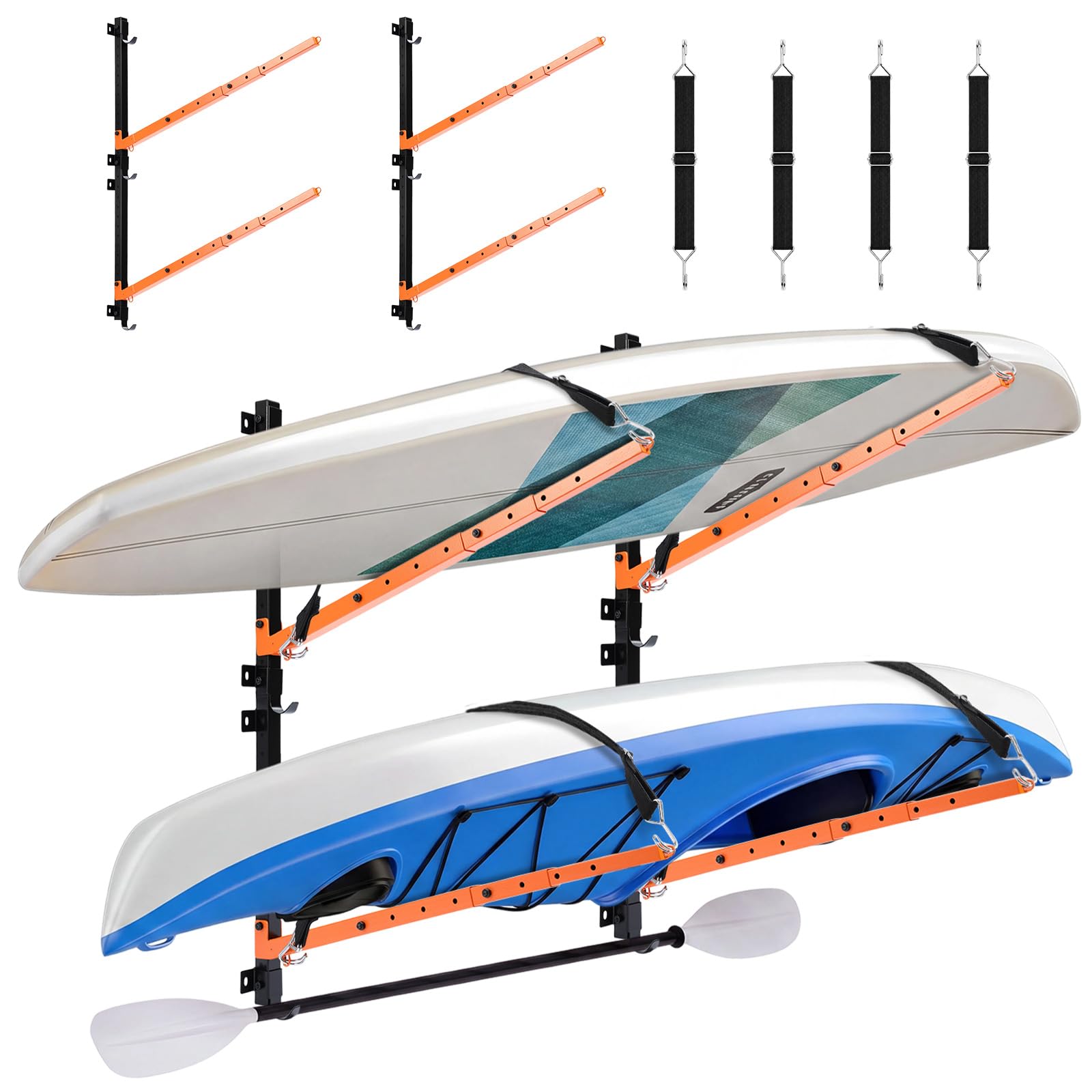 2 Kayak Storage Rack Garage Wall Mount Rack Heavy L-Frame Holder with Foldable Arms Adjustable Hangers for Indoor Outdoor Canoe Paddleboard, Supports 150LB (2 Tiers)